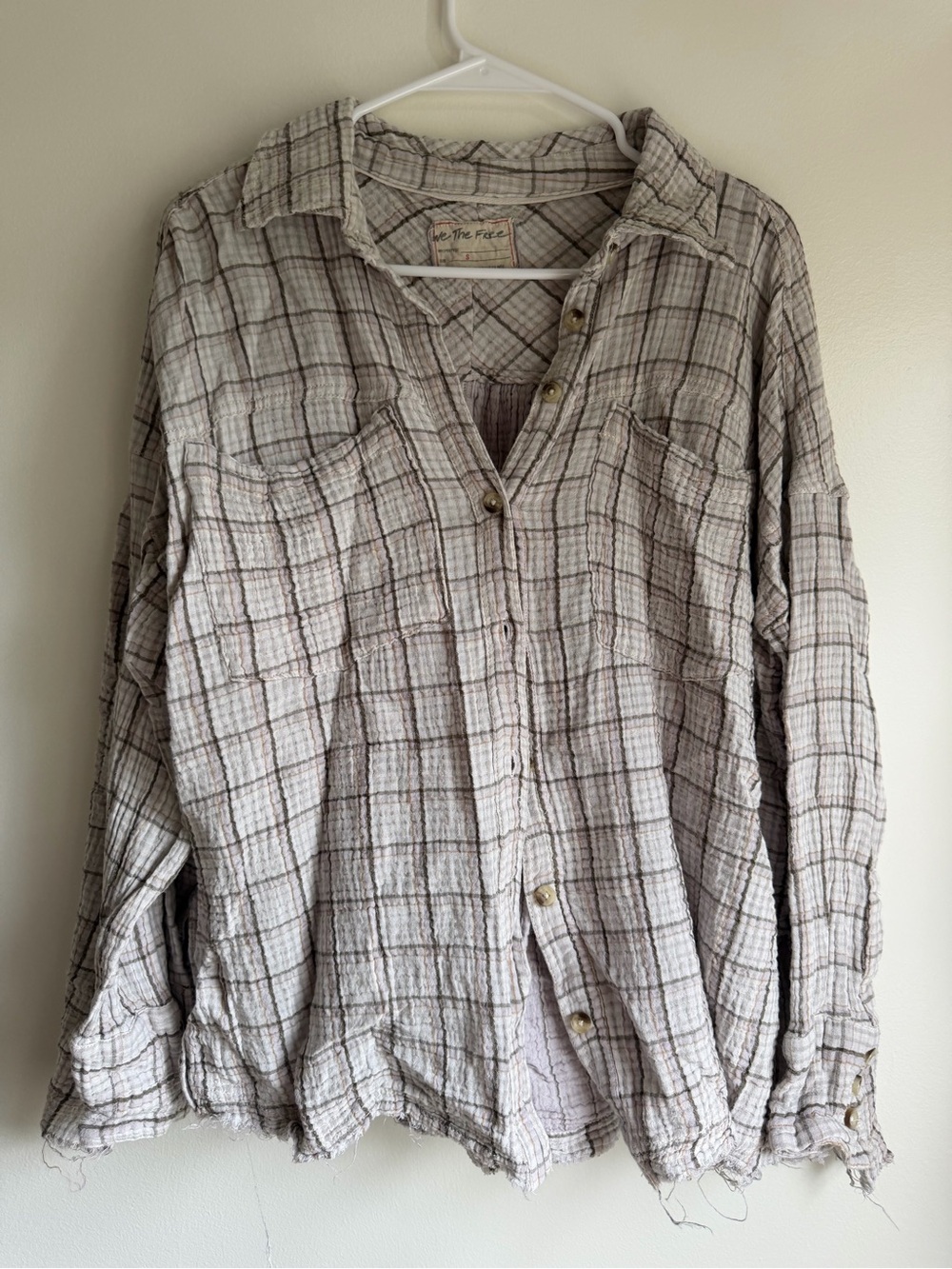 Free People Cardiff Cream and Brown Plaid Button-Down Shirt